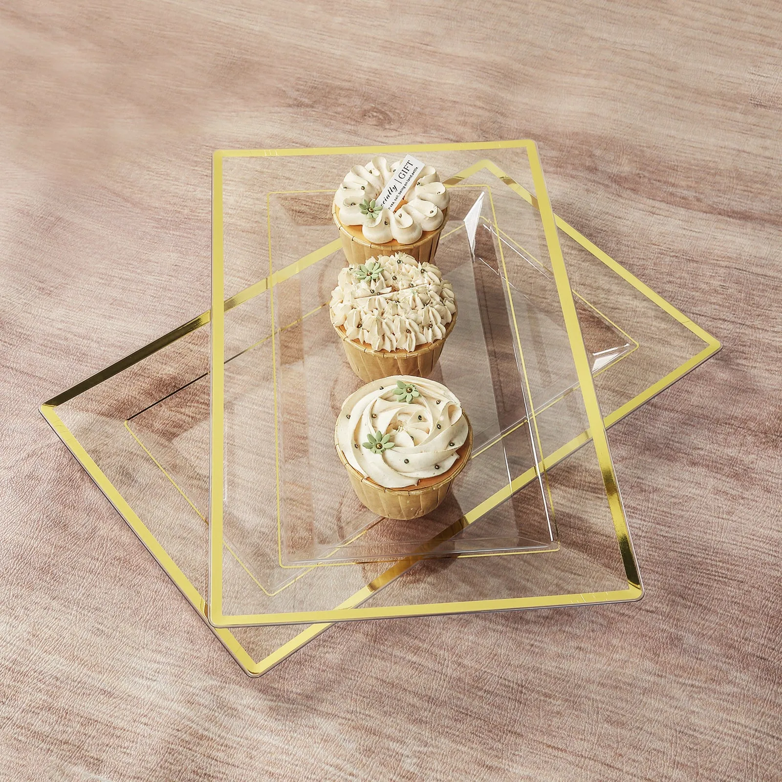 10 Pack Clear Rectangular Plastic Serving Trays with Gold Rim, Disposable Appetizer Snack Party Platters - 13"x8"