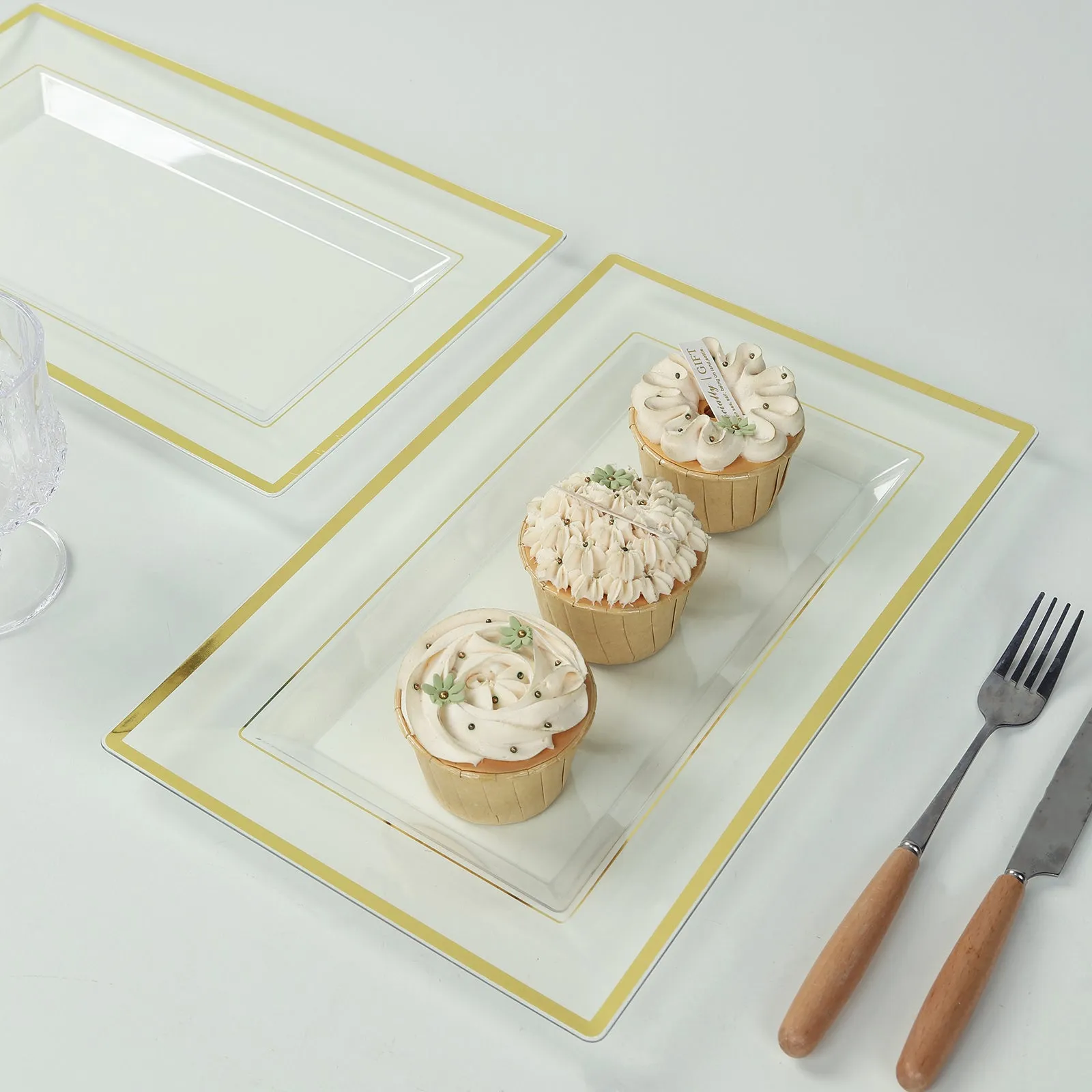 10 Pack Clear Rectangular Plastic Serving Trays with Gold Rim, Disposable Appetizer Snack Party Platters - 13"x8"