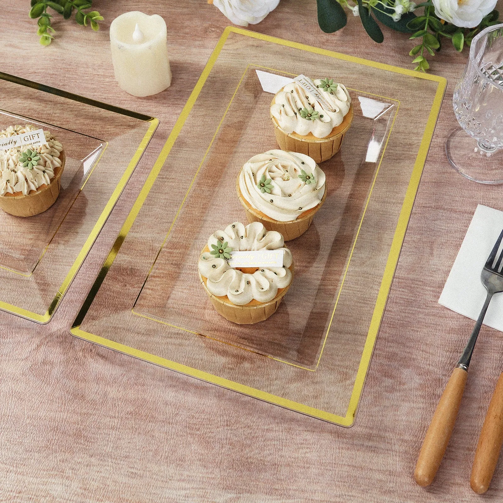 10 Pack Clear Rectangular Plastic Serving Trays with Gold Rim, Disposable Appetizer Snack Party Platters - 13"x8"