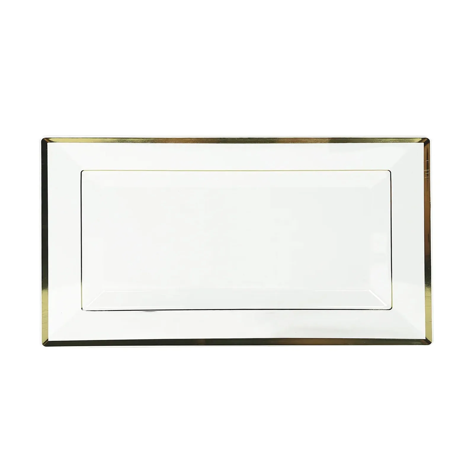 10 Pack Clear Rectangular Plastic Serving Trays with Gold Rim, Disposable Appetizer Snack Party Platters - 13"x8"