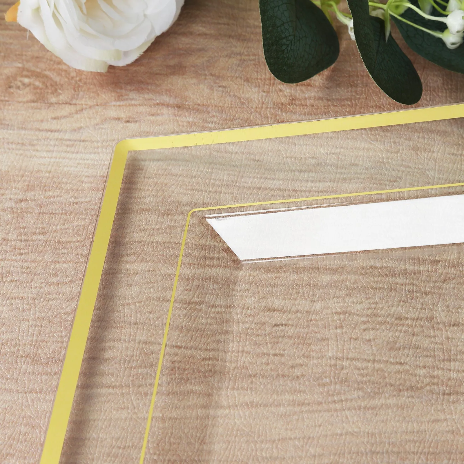 10 Pack Clear Rectangular Plastic Serving Trays with Gold Rim, Disposable Appetizer Snack Party Platters - 13"x8"