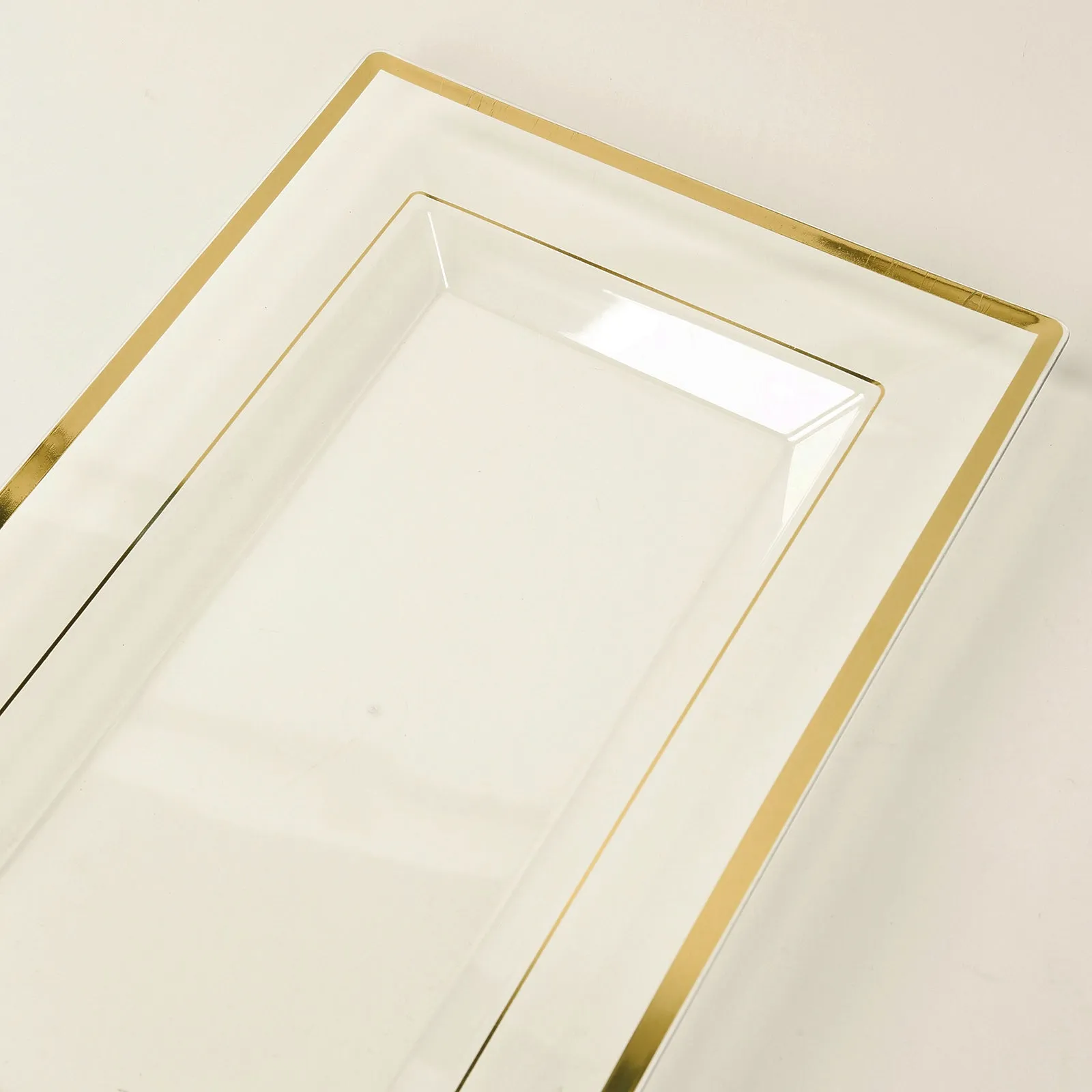 10 Pack Clear Rectangular Plastic Serving Trays with Gold Rim, Disposable Appetizer Snack Party Platters - 13"x8"