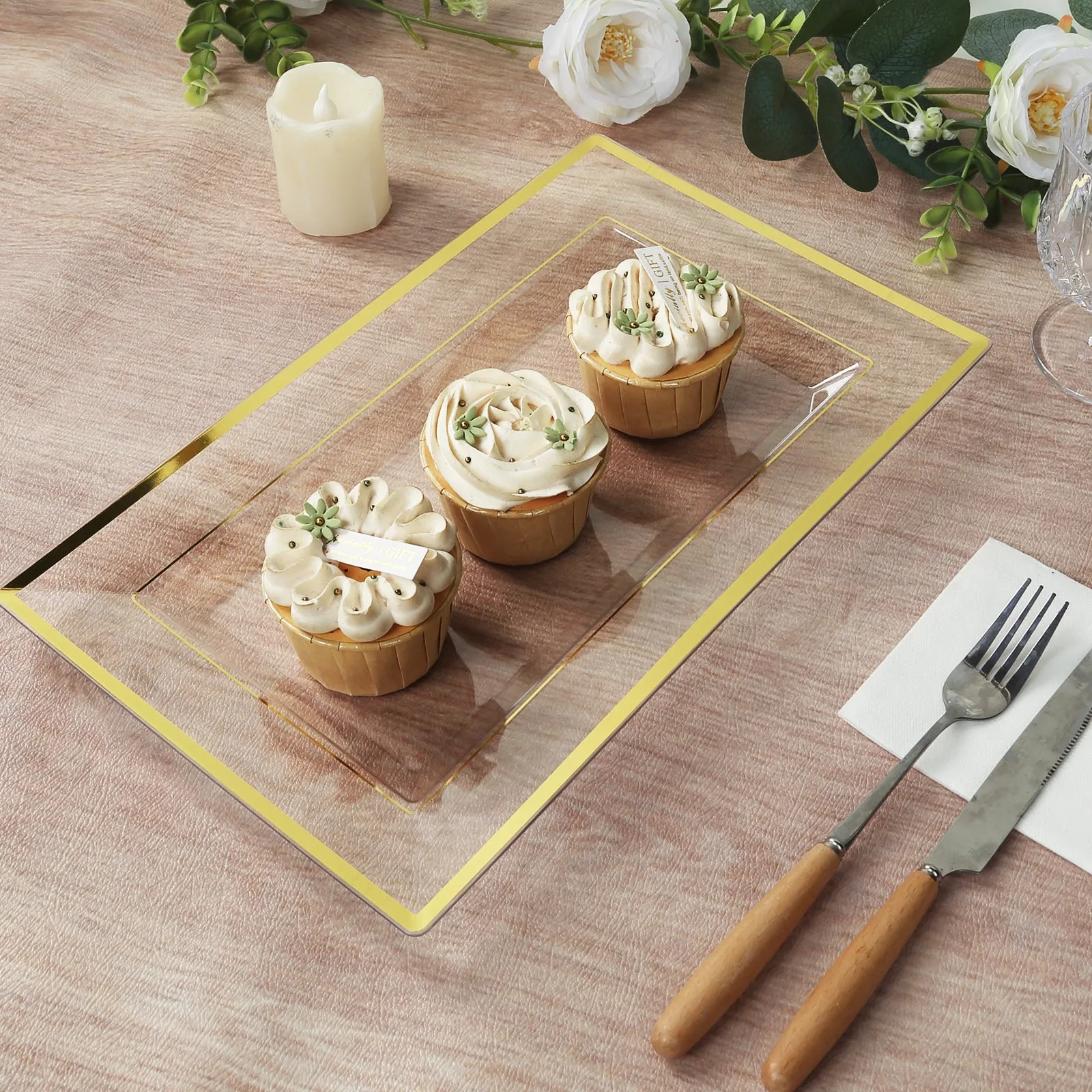 10 Pack Clear Rectangular Plastic Serving Trays with Gold Rim, Disposable Appetizer Snack Party Platters - 13"x8"