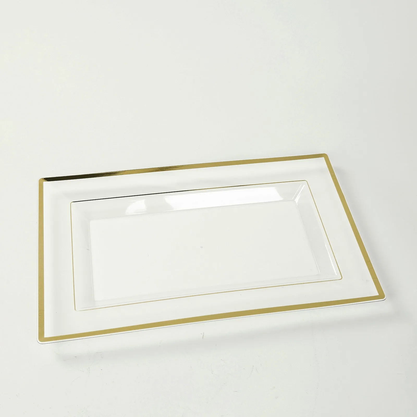 10 Pack Clear Rectangular Plastic Serving Trays with Gold Rim, Disposable Appetizer Snack Party Platters - 13"x8"