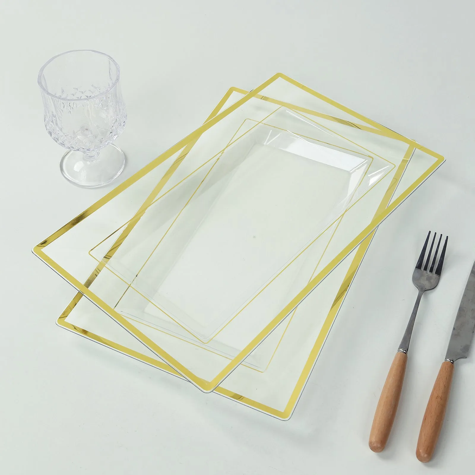 10 Pack Clear Rectangular Plastic Serving Trays with Gold Rim, Disposable Appetizer Snack Party Platters - 13"x8"
