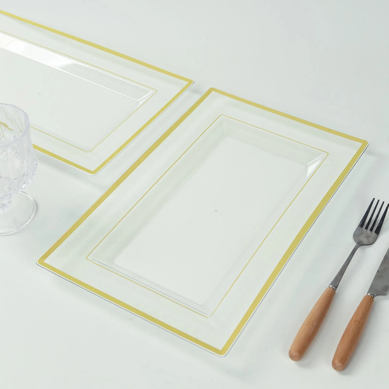 10 Pack Clear Rectangular Plastic Serving Trays with Gold Rim, Disposable Appetizer Snack Party Platters - 13"x8"