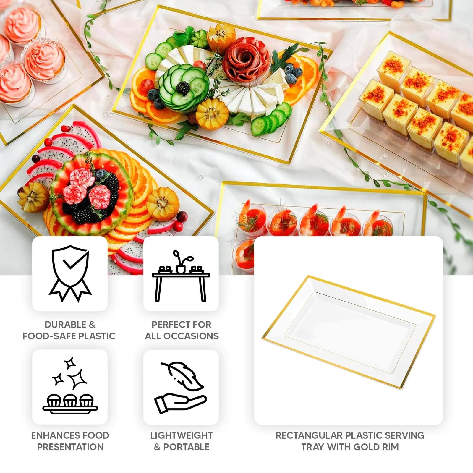 10 Pack Clear Rectangular Plastic Serving Trays with Gold Rim, Disposable Appetizer Snack Party Platters - 13"x8"