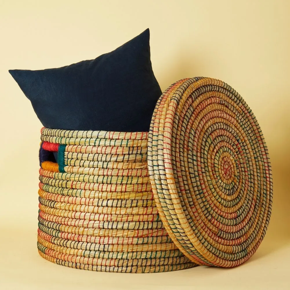 22" Large Storage Rainbow Grass Lid Basket