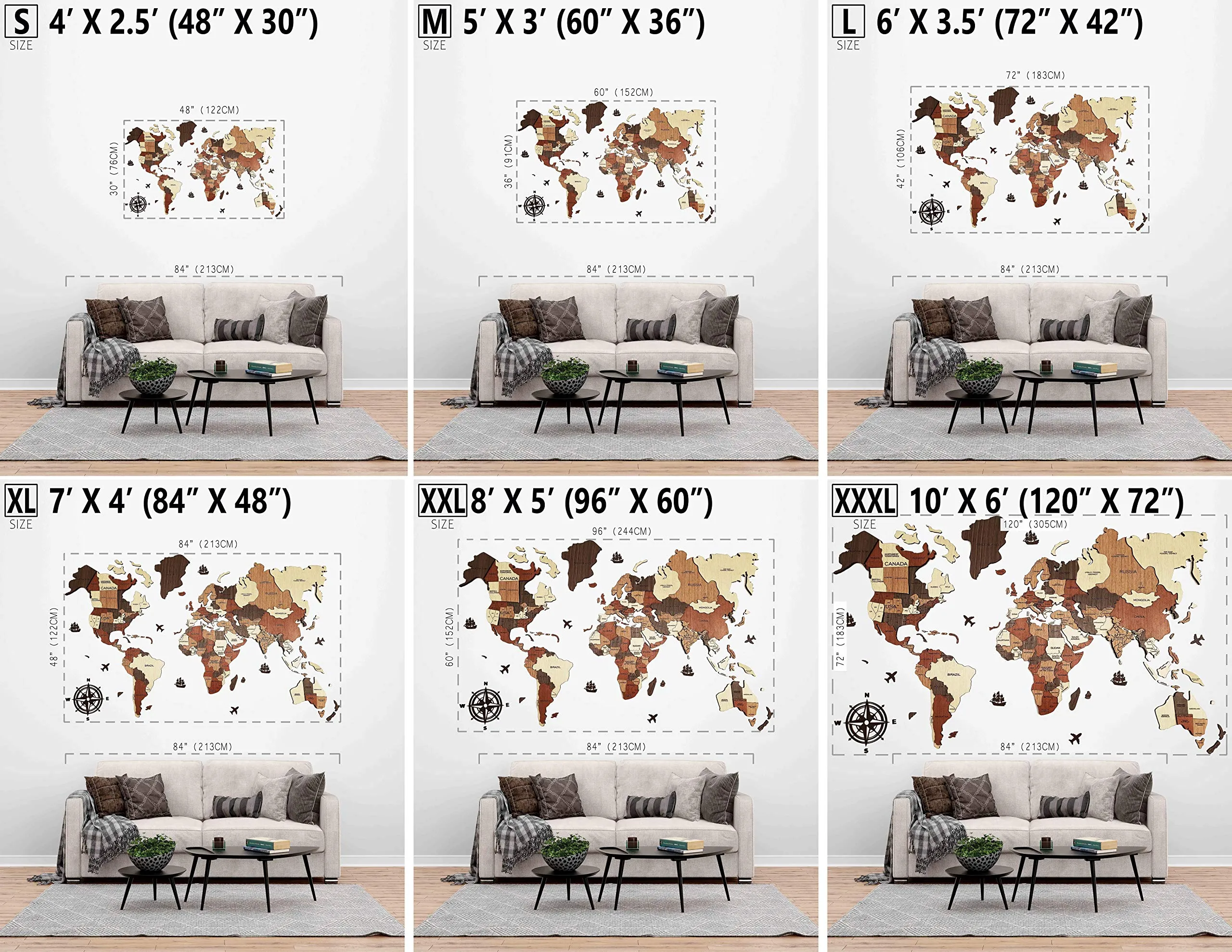 3D WOODEN WORLD MAP - WALL DÉCOR L - 6 x 3.5 feet (183 x 106 cm)