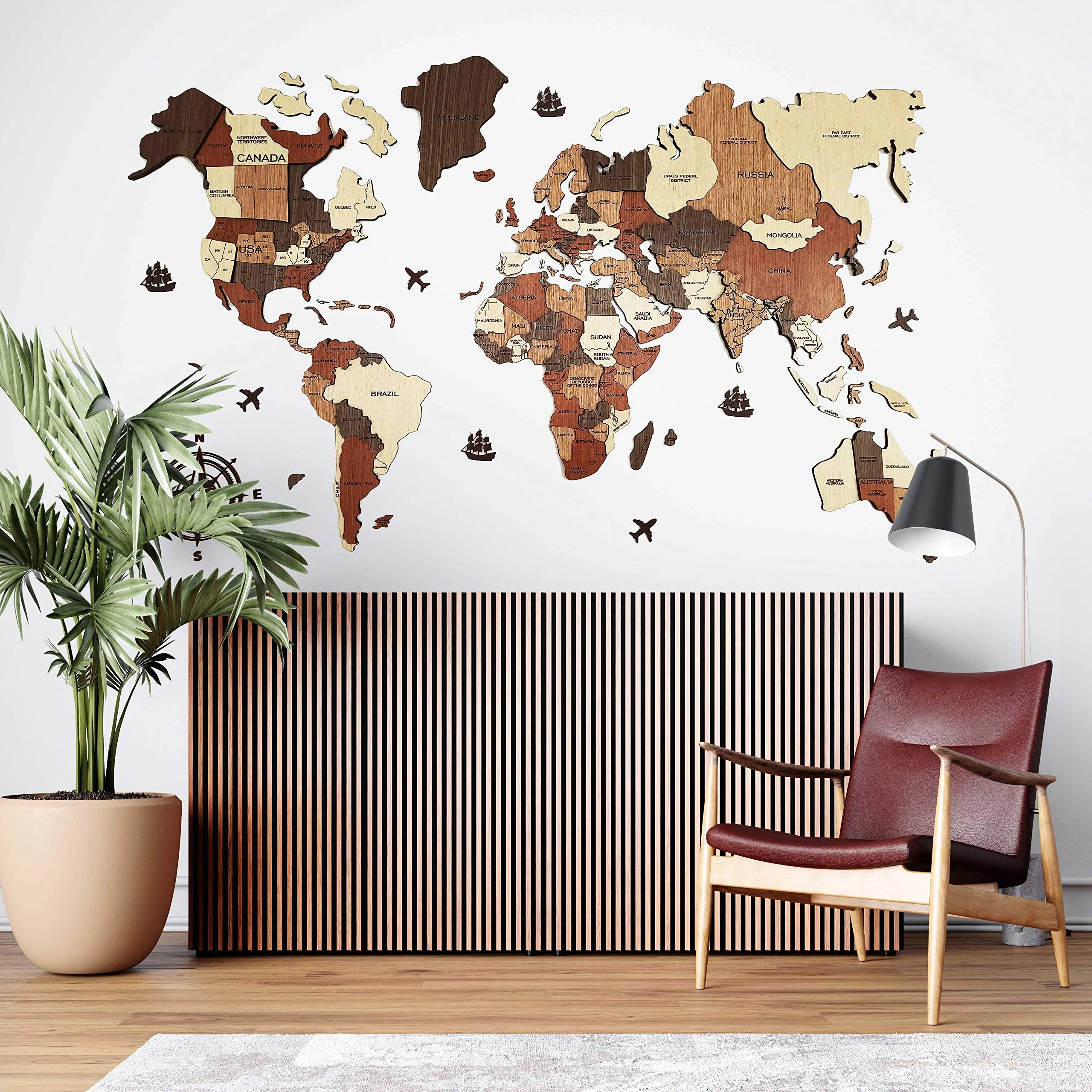 3D WOODEN WORLD MAP - WALL DÉCOR L - 6 x 3.5 feet (183 x 106 cm)