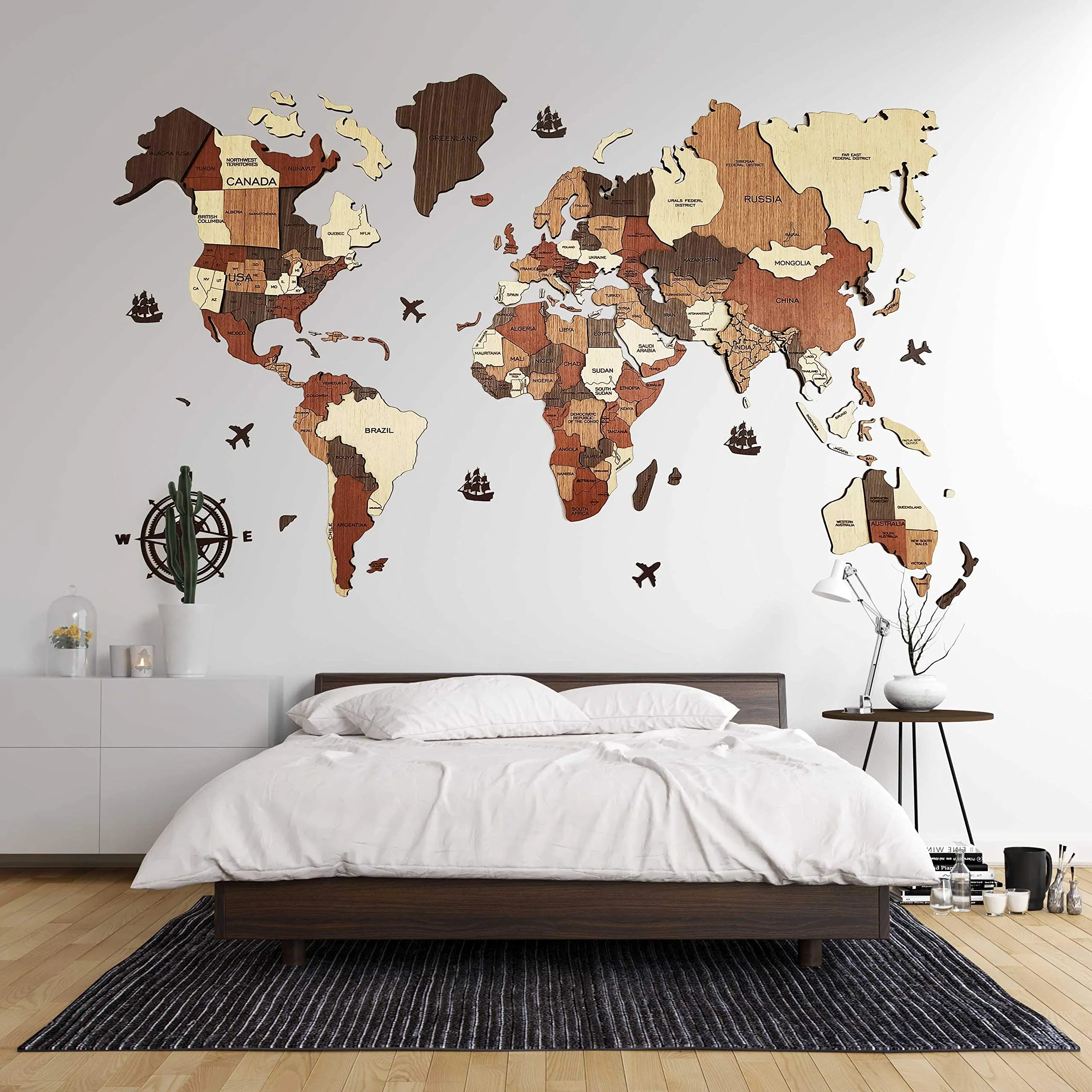 3D WOODEN WORLD MAP - WALL DÉCOR L - 6 x 3.5 feet (183 x 106 cm)