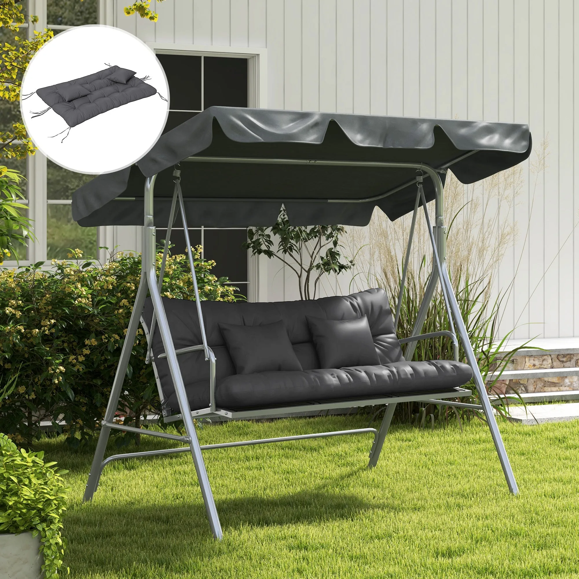 4-Piece Back and Seat Cushion Replacement with 2 Pillows, Patio Chair Cushions Set with Ties, Charcoal Grey