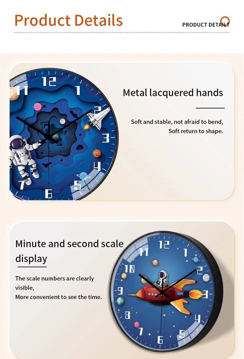 8 Inch Silent Kids Wall Clock Astronaut Space Decor