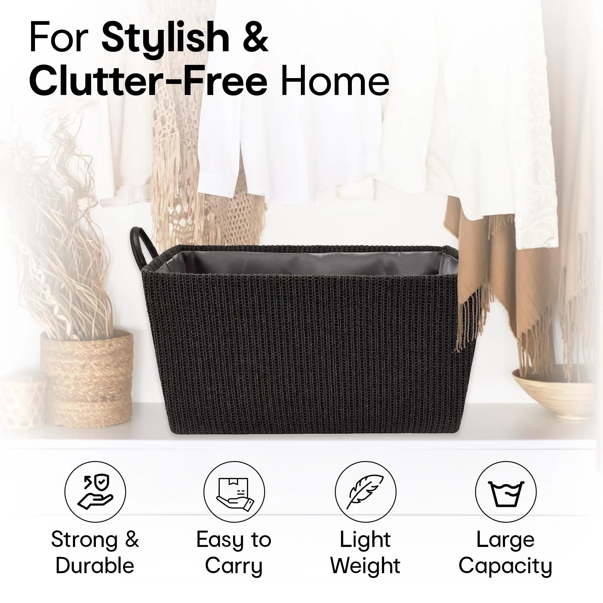 Anko Tapered Rectangle Knitted Storage Basket with Built-in Handles | Multi-Purpose Storage with Handle for Living Room Bathroom Laundry & Toys|Decorative Living Room, Bedroom, Closet, Home