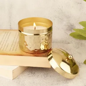 Asian Aura Scented Soy Blend Candle in Gold Hammered Metal Jar with Lid | Smokeless, Long-Lasting Aroma Candle for Home Decor, Events, Relaxation, and Gifting (Royal Oud)