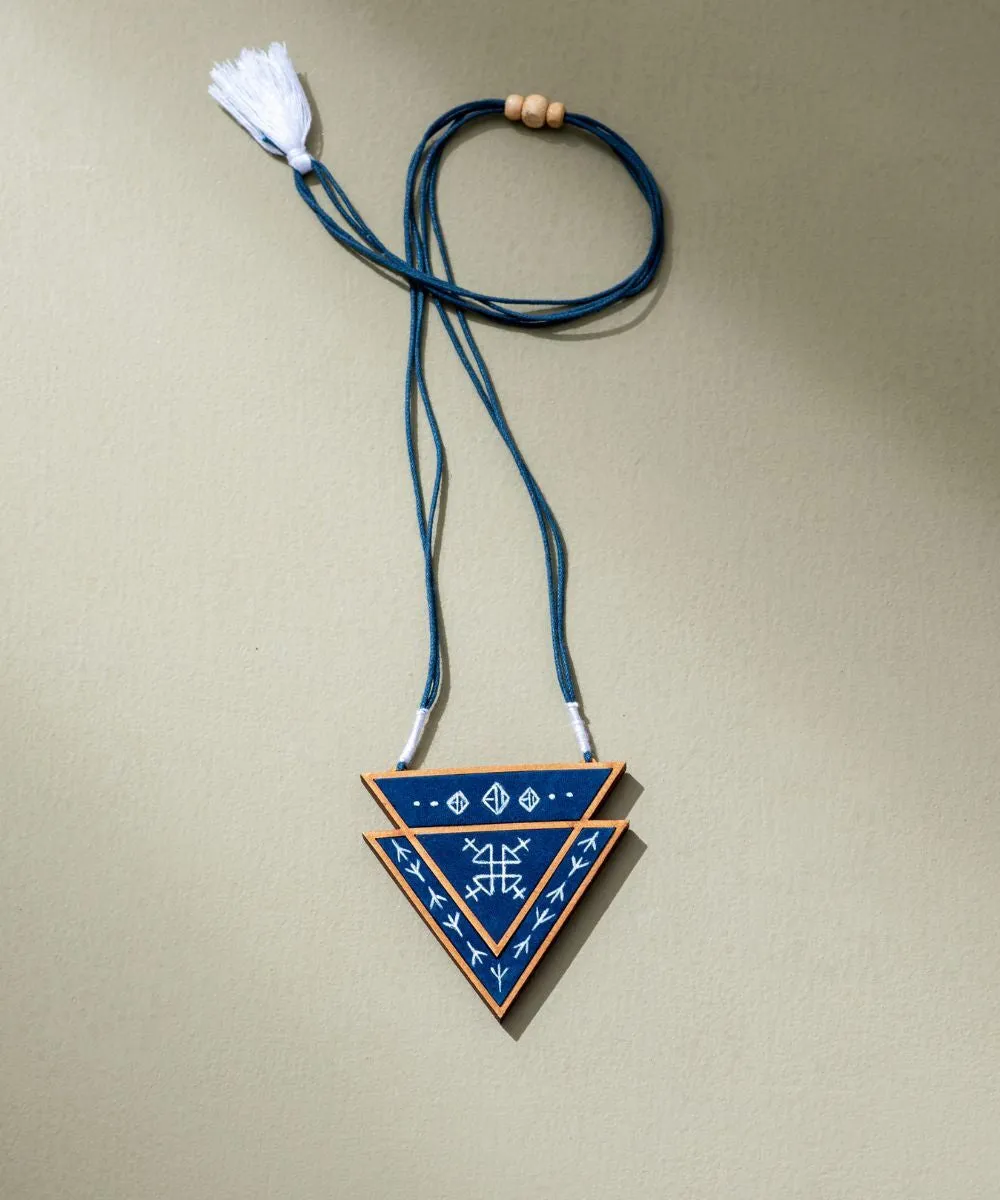 Blue upcycled fabric repurposed wood triangular necklace