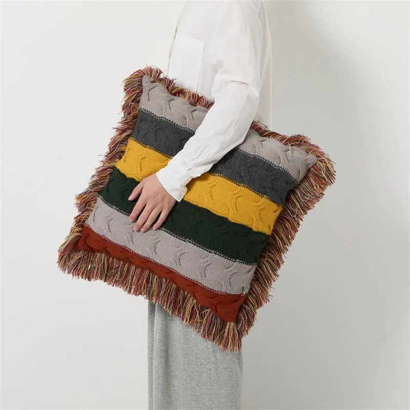 Boho Decorative Wool Knitted Fringed Pillow for Sofa and Bed