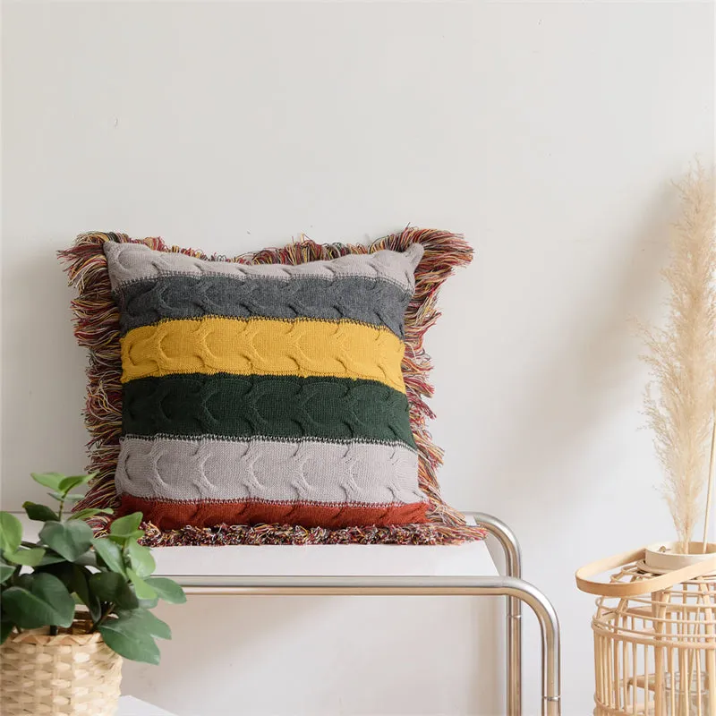 Boho Decorative Wool Knitted Fringed Pillow for Sofa and Bed