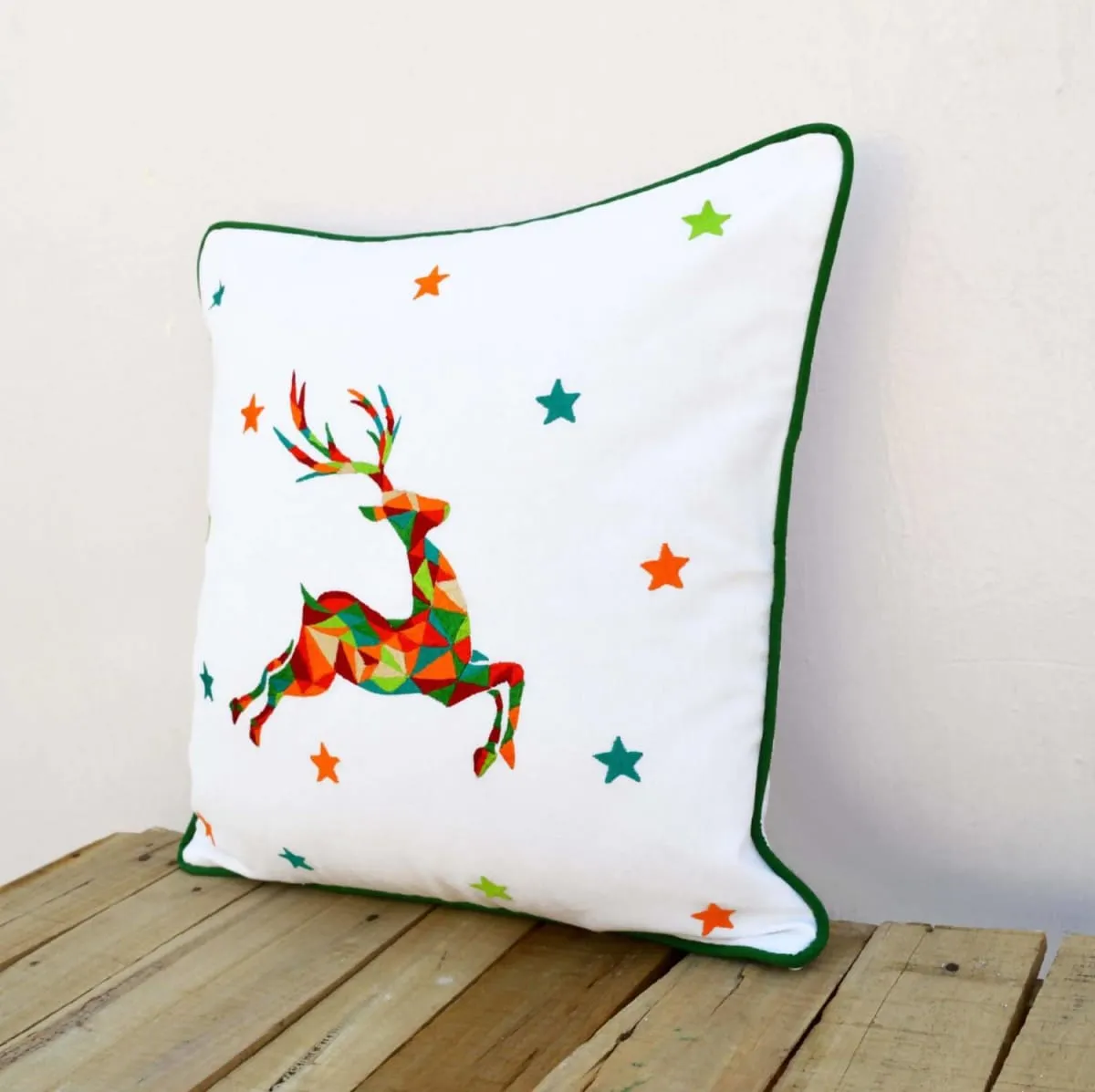Christmas pillow cover, reindeer, geometrical, embroidered pillow size 16"X 16"