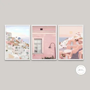 Coastal Danish Pastel Print Set Of 3 PRINTABLE WALL ART, Coastal Wall Art, Light Pink Wall Art, European Coast, Pastel Pink Wall Decor, Santorini