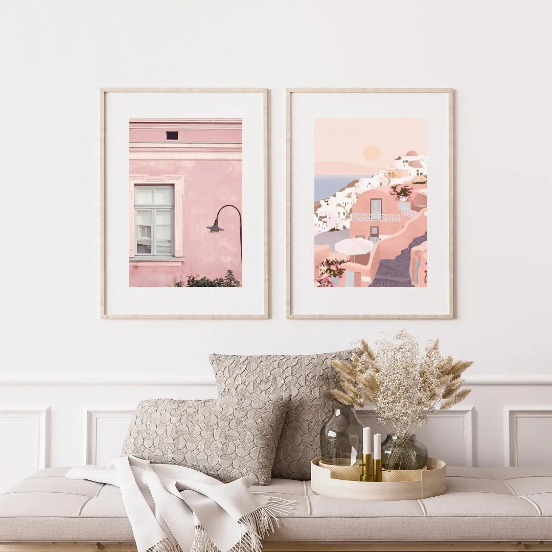 Coastal Danish Pastel Print Set Of 3 PRINTABLE WALL ART, Coastal Wall Art, Light Pink Wall Art, European Coast, Pastel Pink Wall Decor, Santorini