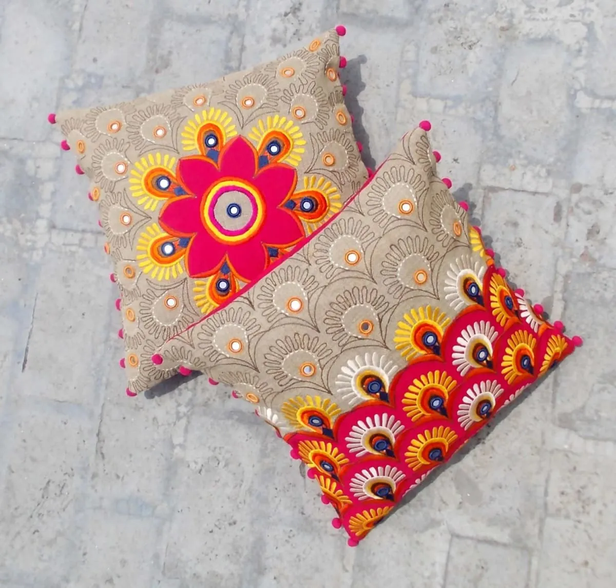 Colorful bohemian style linen pillow cover, embroidered pillow case, tribal, indian craft pillow, ethnic, 16"X16"