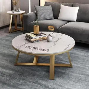 CREATIVE SKILLS Double-layer marble-look coffee table with metal storage in The round shape That is perfect for a living room (Gold & White Tx)