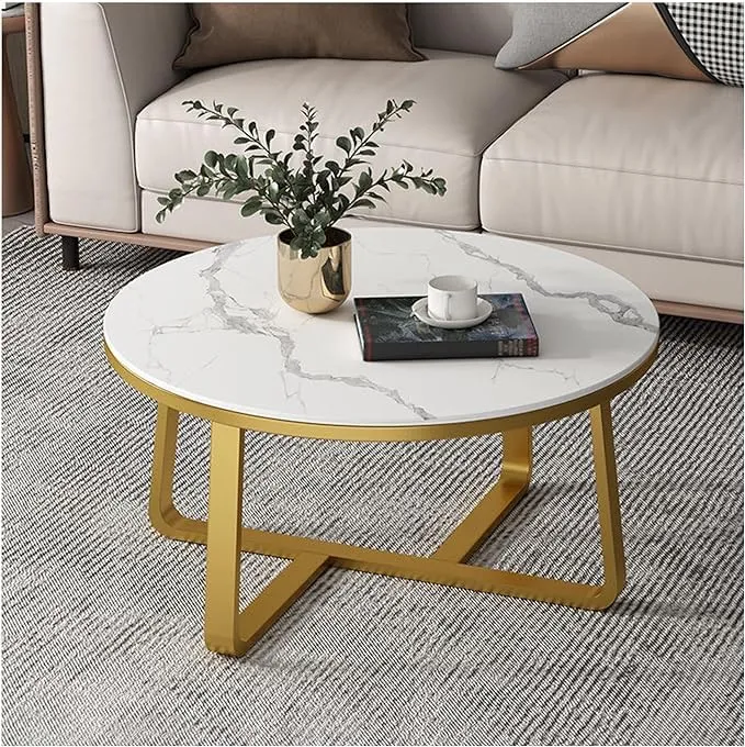 CREATIVE SKILLS Double-layer marble-look coffee table with metal storage in The round shape That is perfect for a living room (Gold & White Tx)