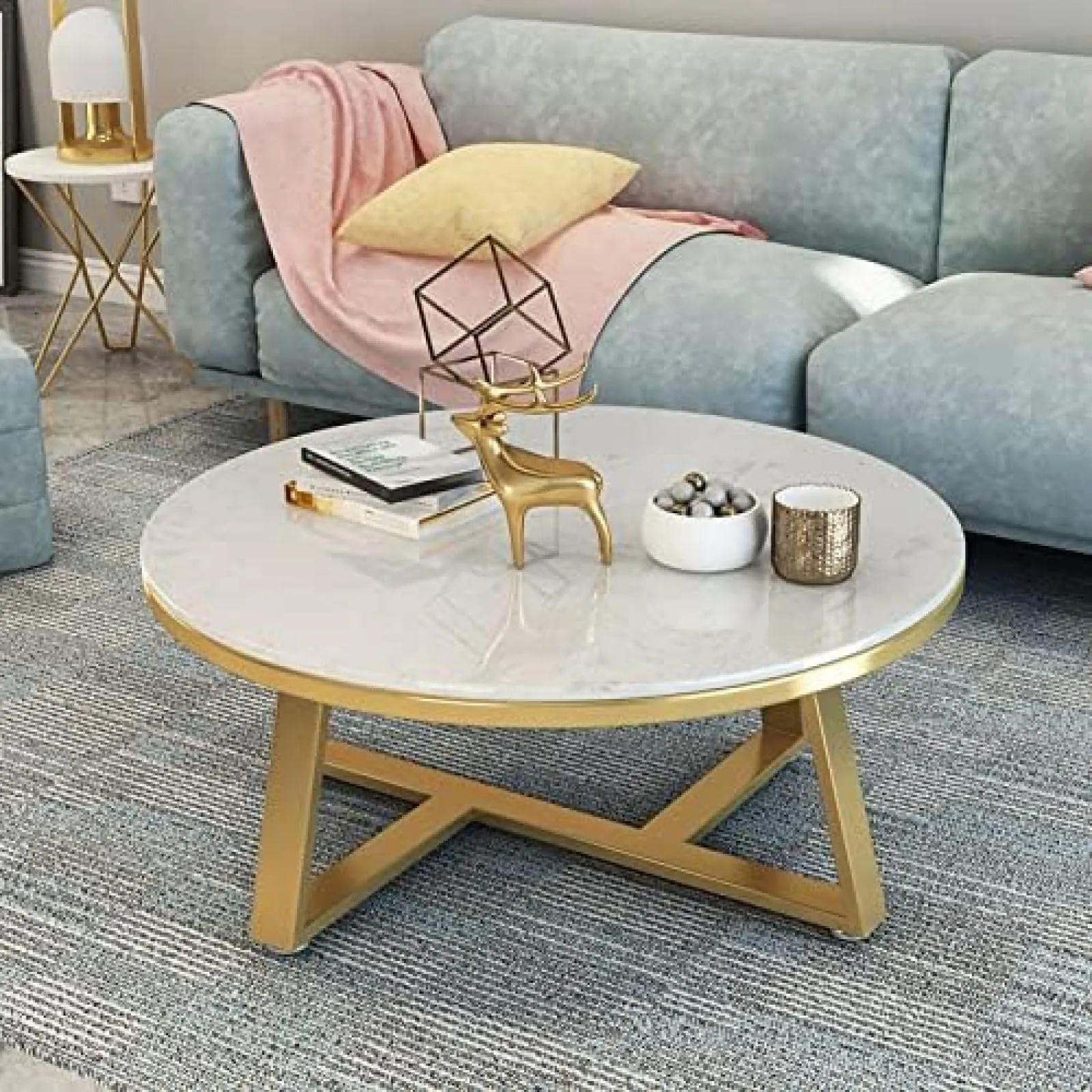 CREATIVE SKILLS Double-layer marble-look coffee table with metal storage in The round shape That is perfect for a living room (Gold & White Tx)