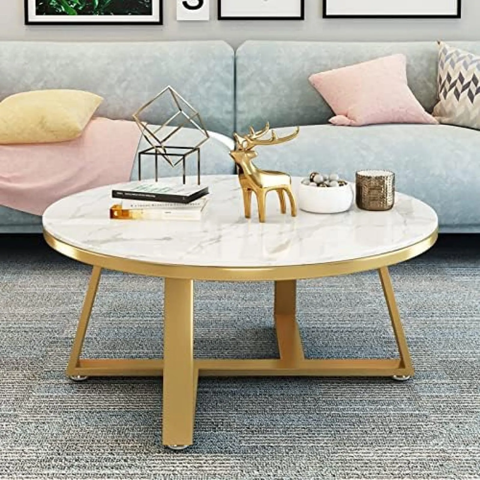 CREATIVE SKILLS Double-layer marble-look coffee table with metal storage in The round shape That is perfect for a living room (Gold & White Tx)