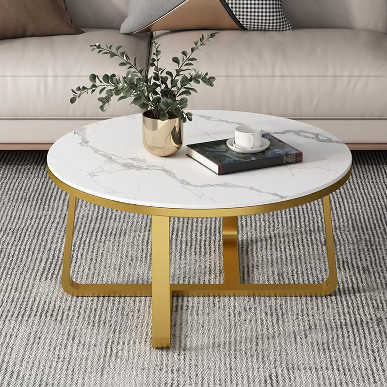 CREATIVE SKILLS Double-layer marble-look coffee table with metal storage in The round shape That is perfect for a living room (Gold & White Tx)