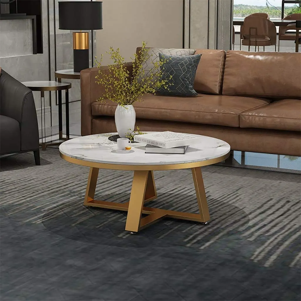 CREATIVE SKILLS Double-layer marble-look coffee table with metal storage in The round shape That is perfect for a living room (Gold & White Tx)