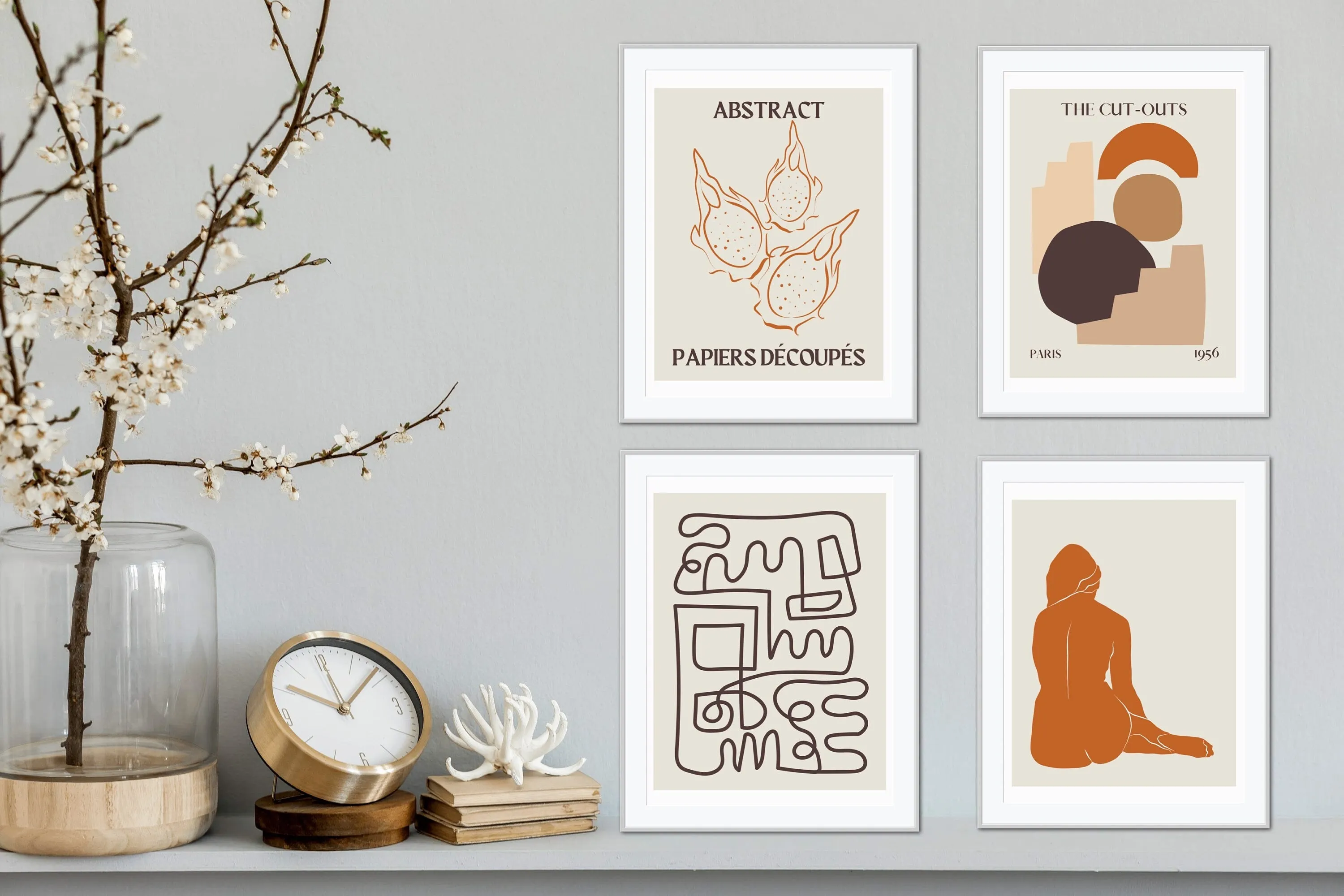 Fall Autumn Abstract Wall Art Set Of 4 PRINTABLE ART, Boho Matisse Print Set, Botanical Terracotta Print, Woman Framed Aesthetic, Boho Wall Art