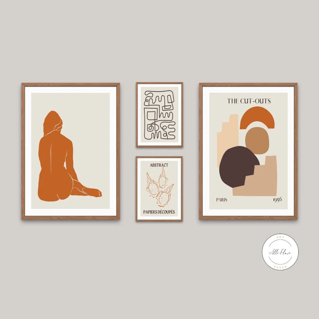 Fall Autumn Abstract Wall Art Set Of 4 PRINTABLE ART, Boho Matisse Print Set, Botanical Terracotta Print, Woman Framed Aesthetic, Boho Wall Art