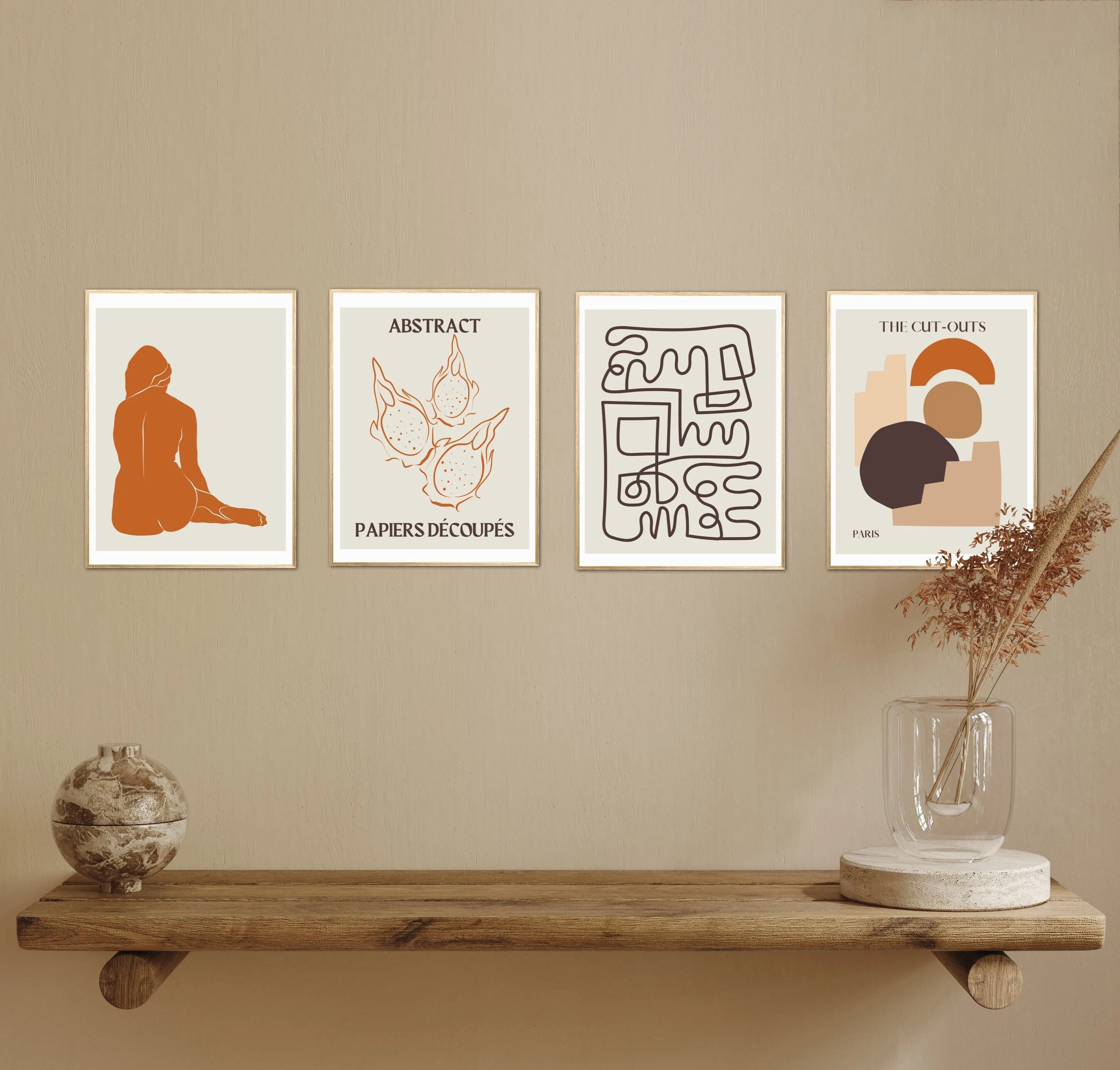Fall Autumn Abstract Wall Art Set Of 4 PRINTABLE ART, Boho Matisse Print Set, Botanical Terracotta Print, Woman Framed Aesthetic, Boho Wall Art