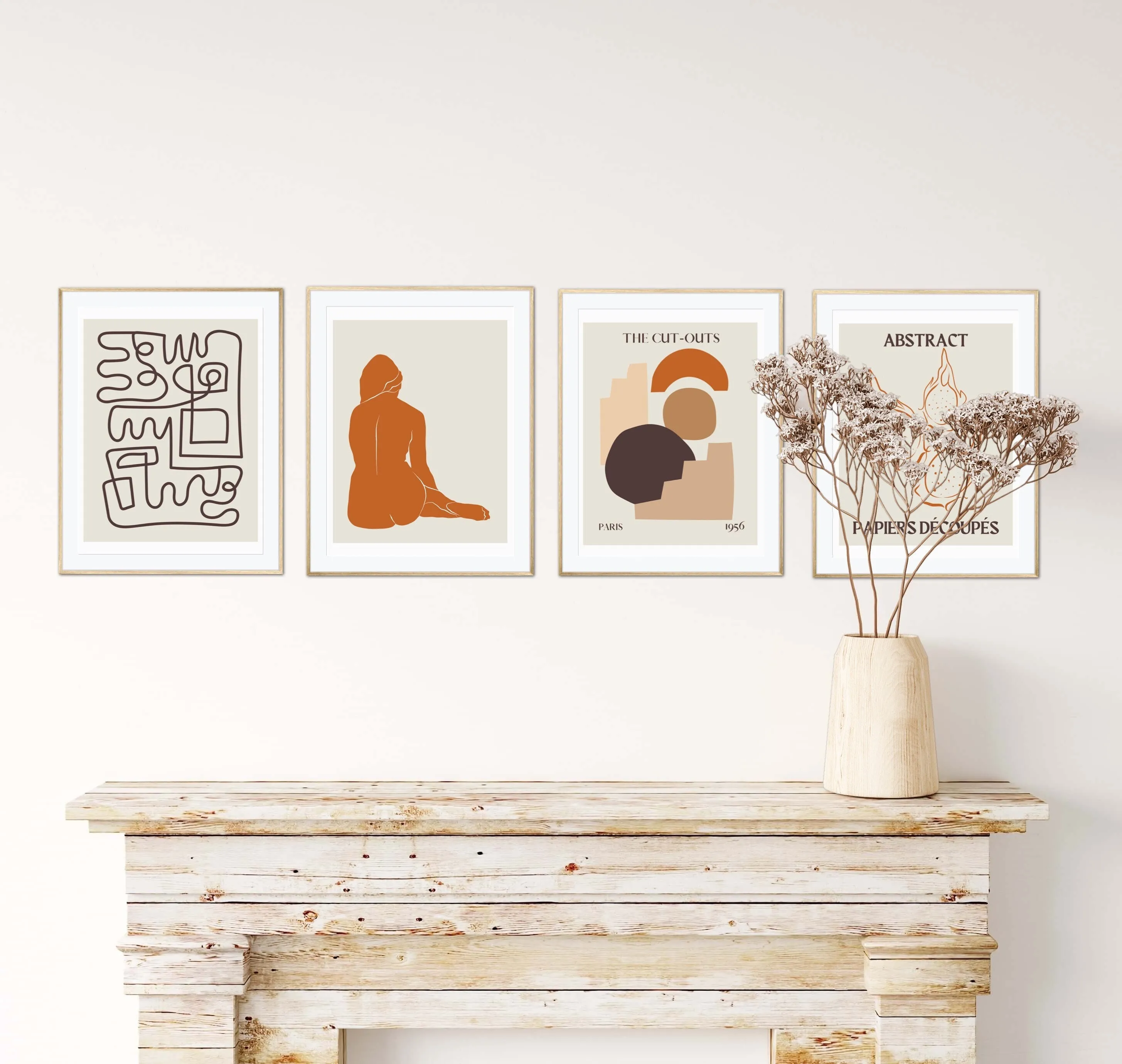 Fall Autumn Abstract Wall Art Set Of 4 PRINTABLE ART, Boho Matisse Print Set, Botanical Terracotta Print, Woman Framed Aesthetic, Boho Wall Art