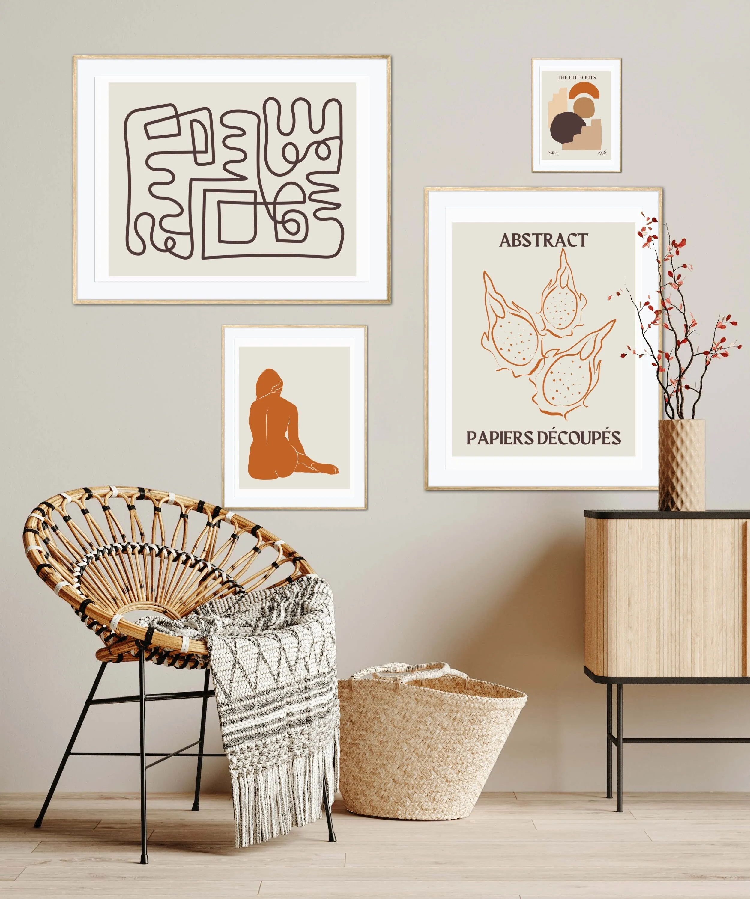 Fall Autumn Abstract Wall Art Set Of 4 PRINTABLE ART, Boho Matisse Print Set, Botanical Terracotta Print, Woman Framed Aesthetic, Boho Wall Art