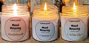 Floryn Decor® Soy Wax Candle | Scented Candles for Home Decor | Burning Time - 30 Hours, Scent: (Sandalwood | Jasmine | White Lilly, Pack of 3)