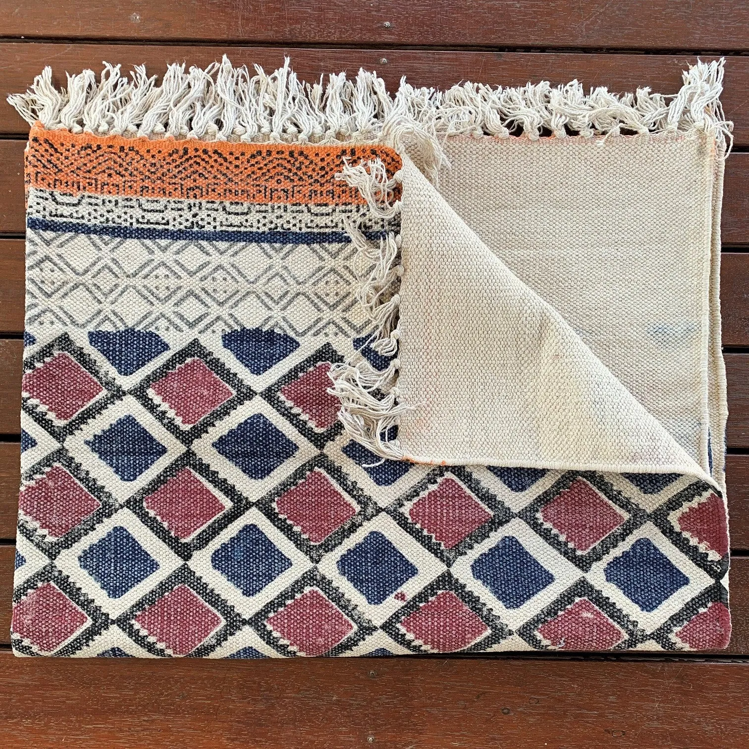 Handmade Beautiful Multi Ikat Block Print Dari Cotton Carpet