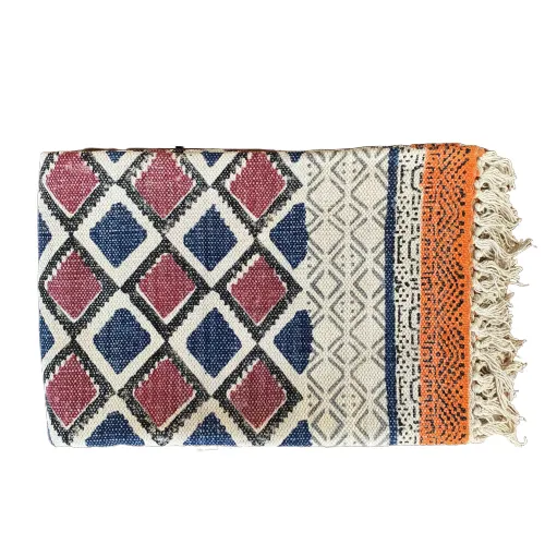 Handmade Beautiful Multi Ikat Block Print Dari Cotton Carpet