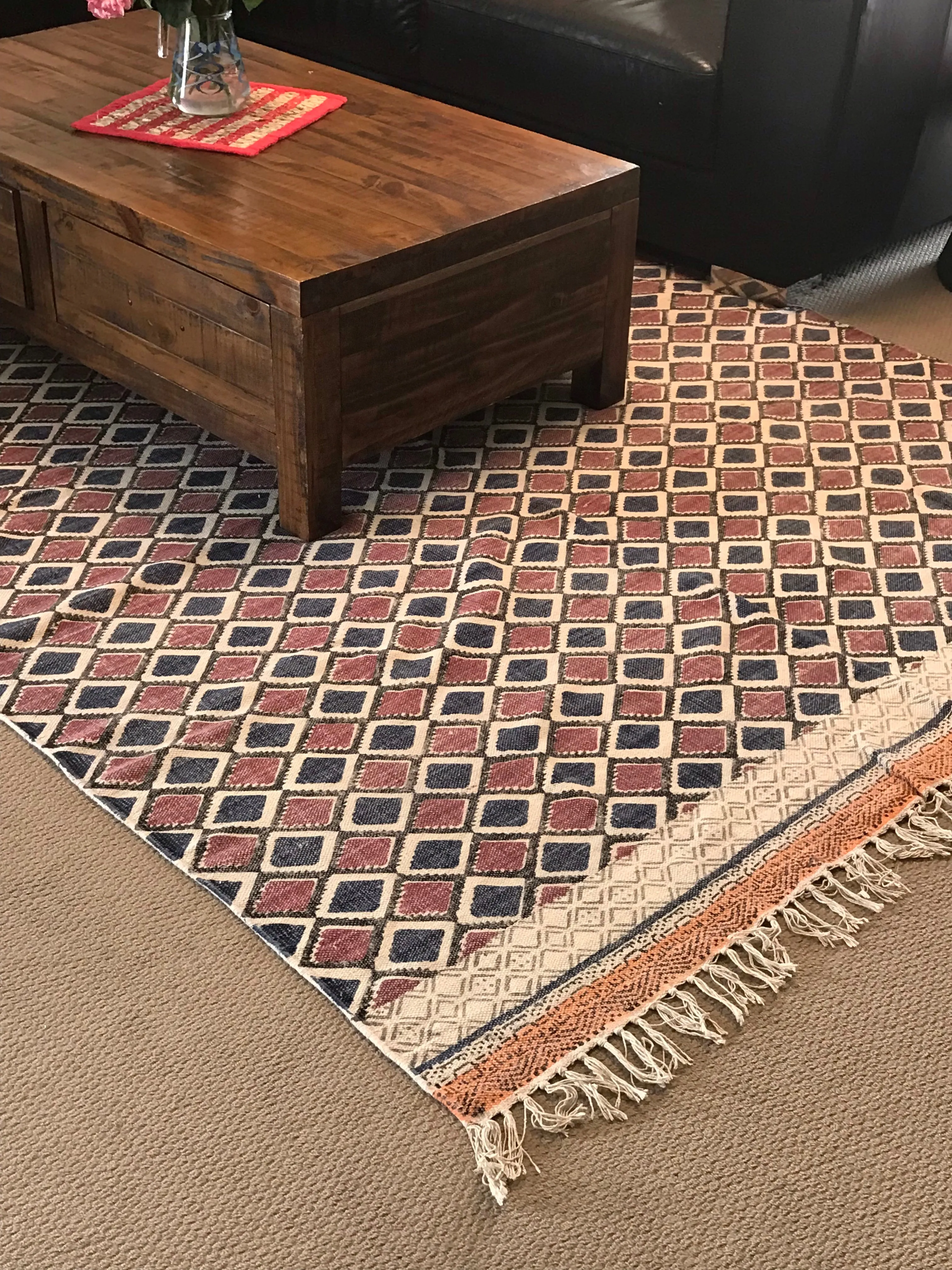 Handmade Beautiful Multi Ikat Block Print Dari Cotton Carpet