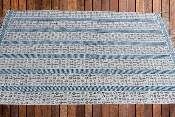 Handmade Beautiful Sarcelle Block Print Cotton Dari Carpet Serenity