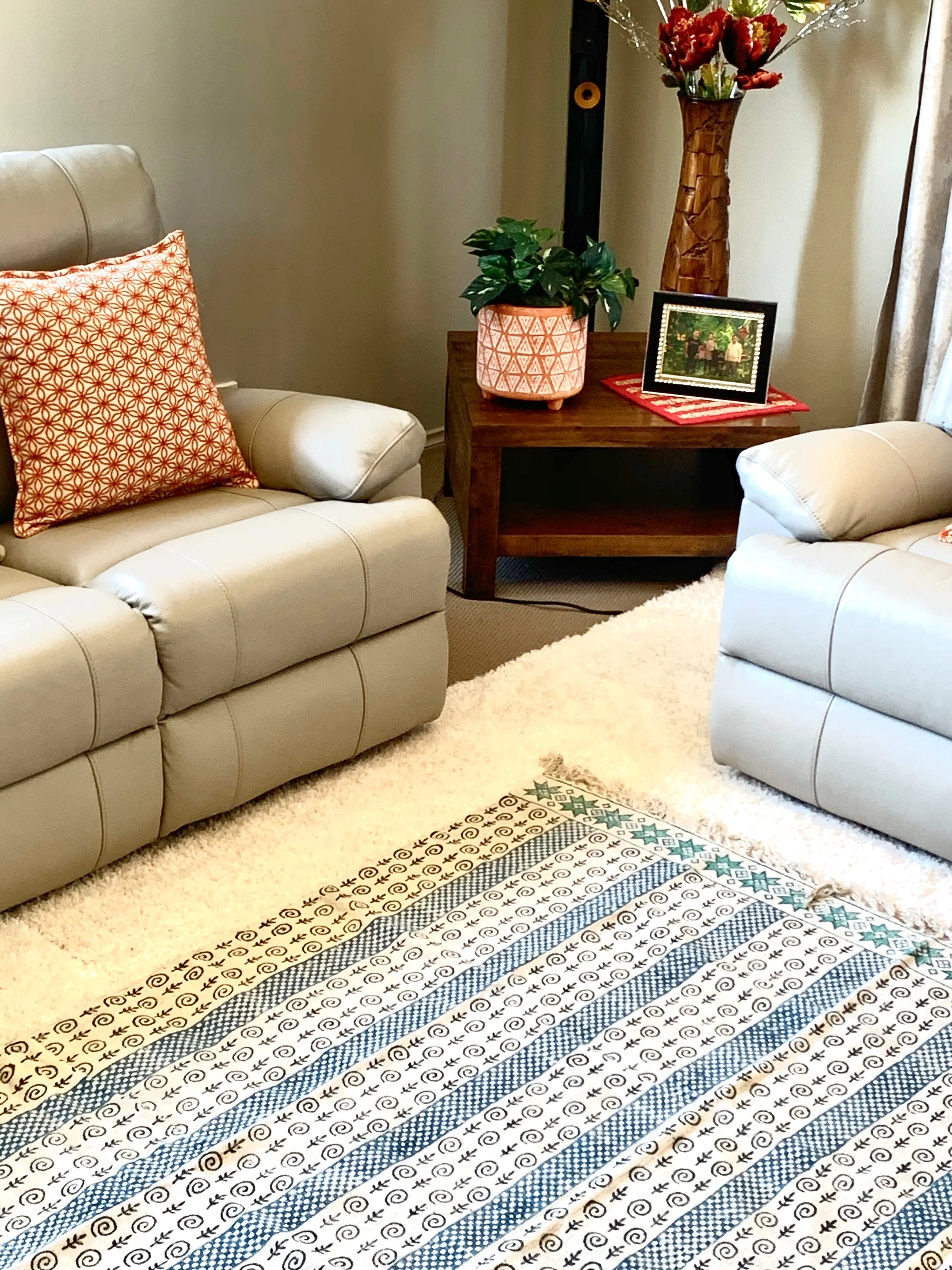 Handmade Beautiful Sarcelle Block Print Cotton Dari Carpet Serenity