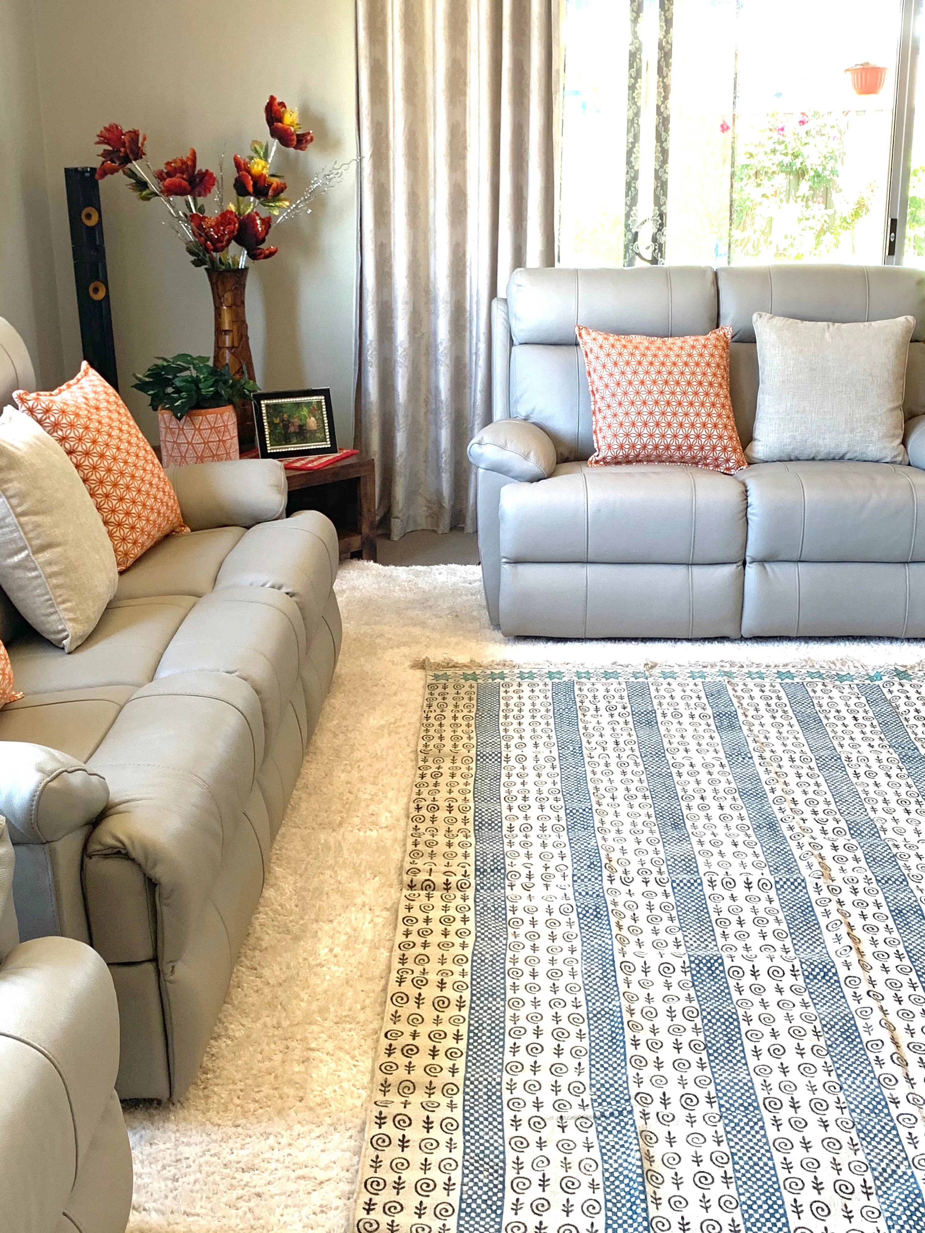 Handmade Beautiful Sarcelle Block Print Cotton Dari Carpet Serenity