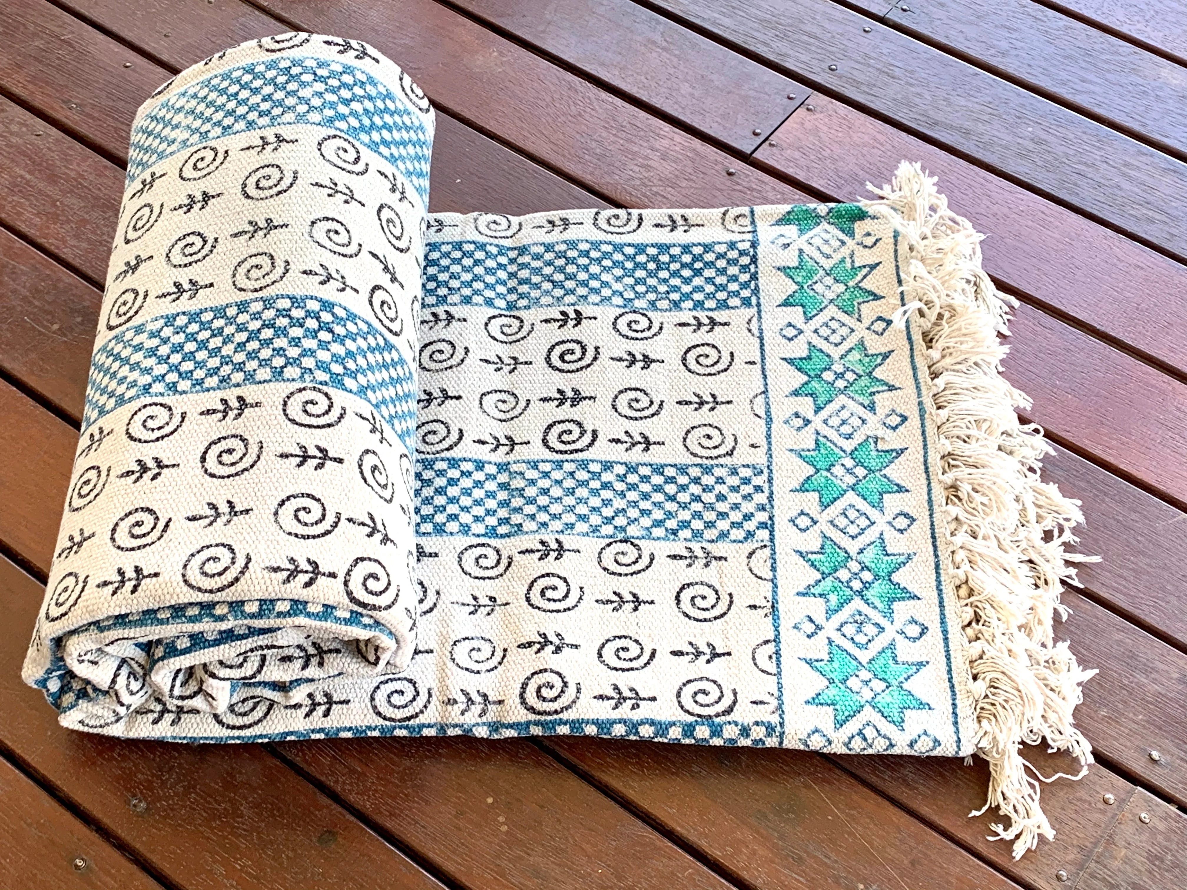 Handmade Beautiful Sarcelle Block Print Cotton Dari Carpet Serenity