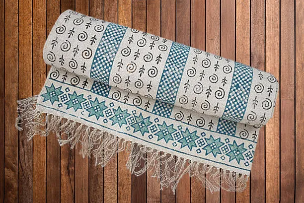 Handmade Beautiful Sarcelle Block Print Cotton Dari Carpet Serenity