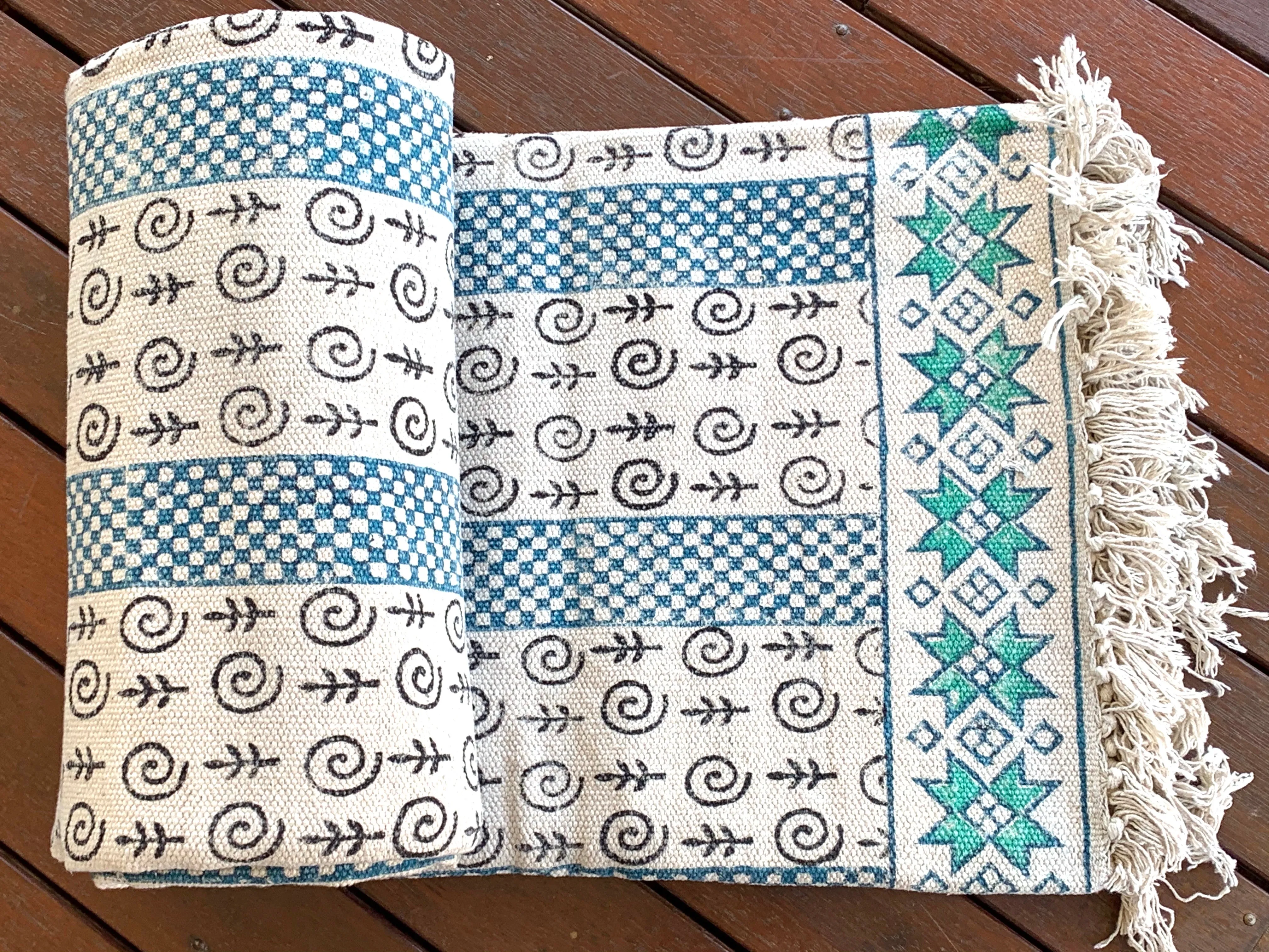 Handmade Beautiful Sarcelle Block Print Cotton Dari Carpet Serenity