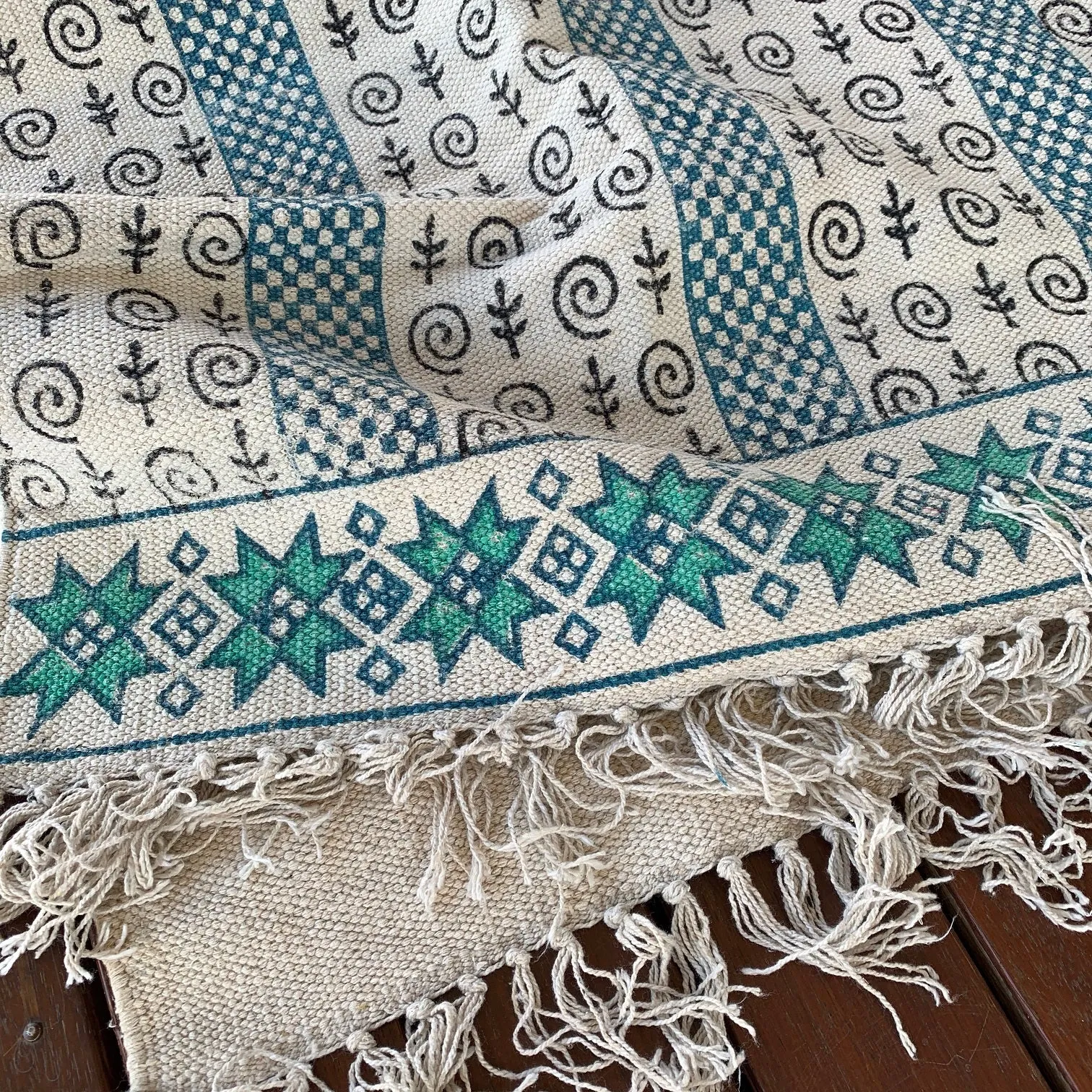 Handmade Beautiful Sarcelle Block Print Cotton Dari Carpet Serenity