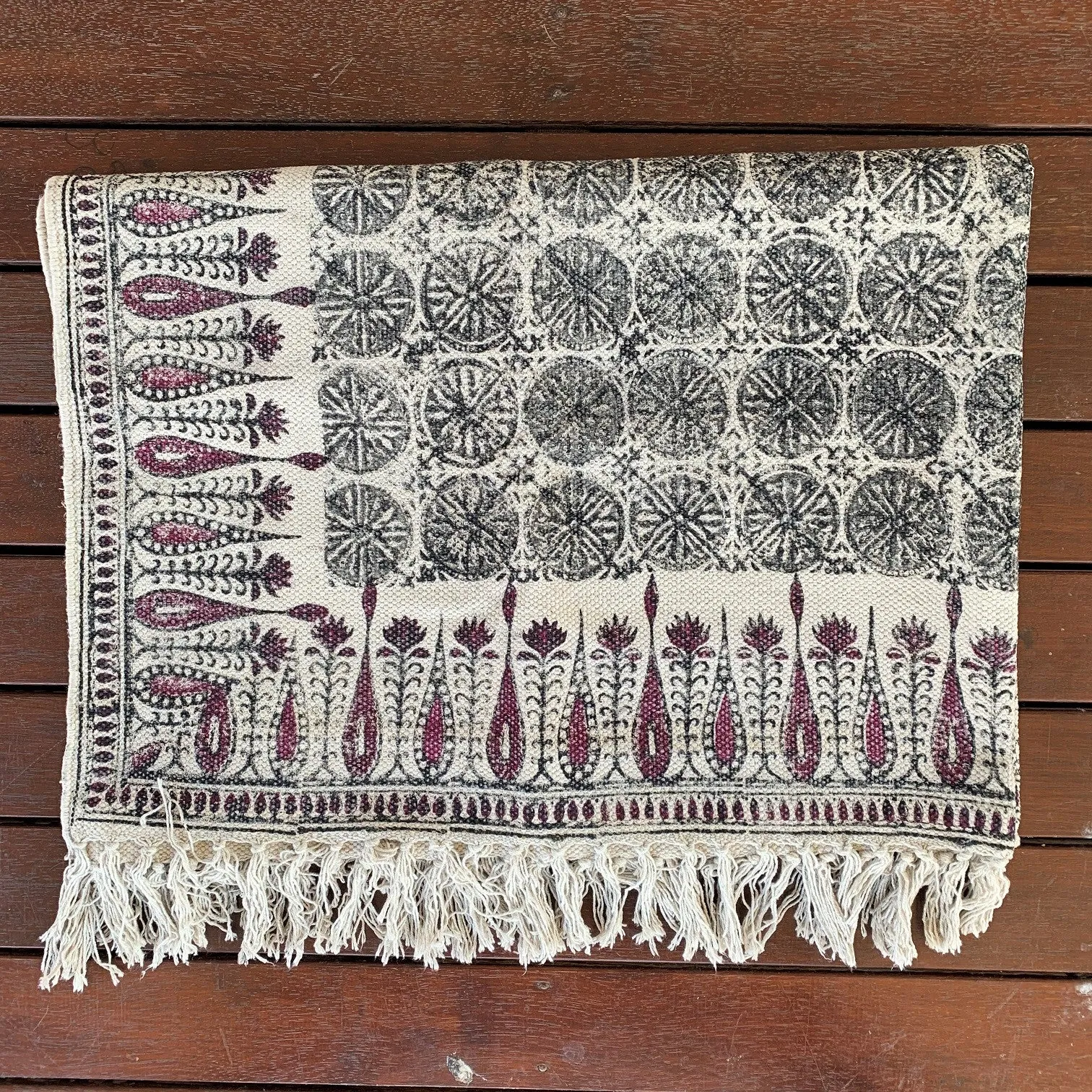 Handmade Beautiful Tilak Burgundy Block Print Cotton Dari Carpet