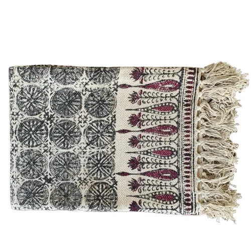 Handmade Beautiful Tilak Burgundy Block Print Cotton Dari Carpet